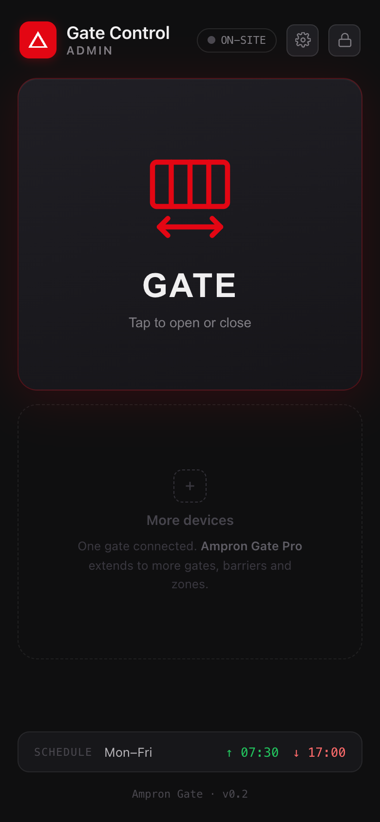 Ampron Gate app — gate control screen
