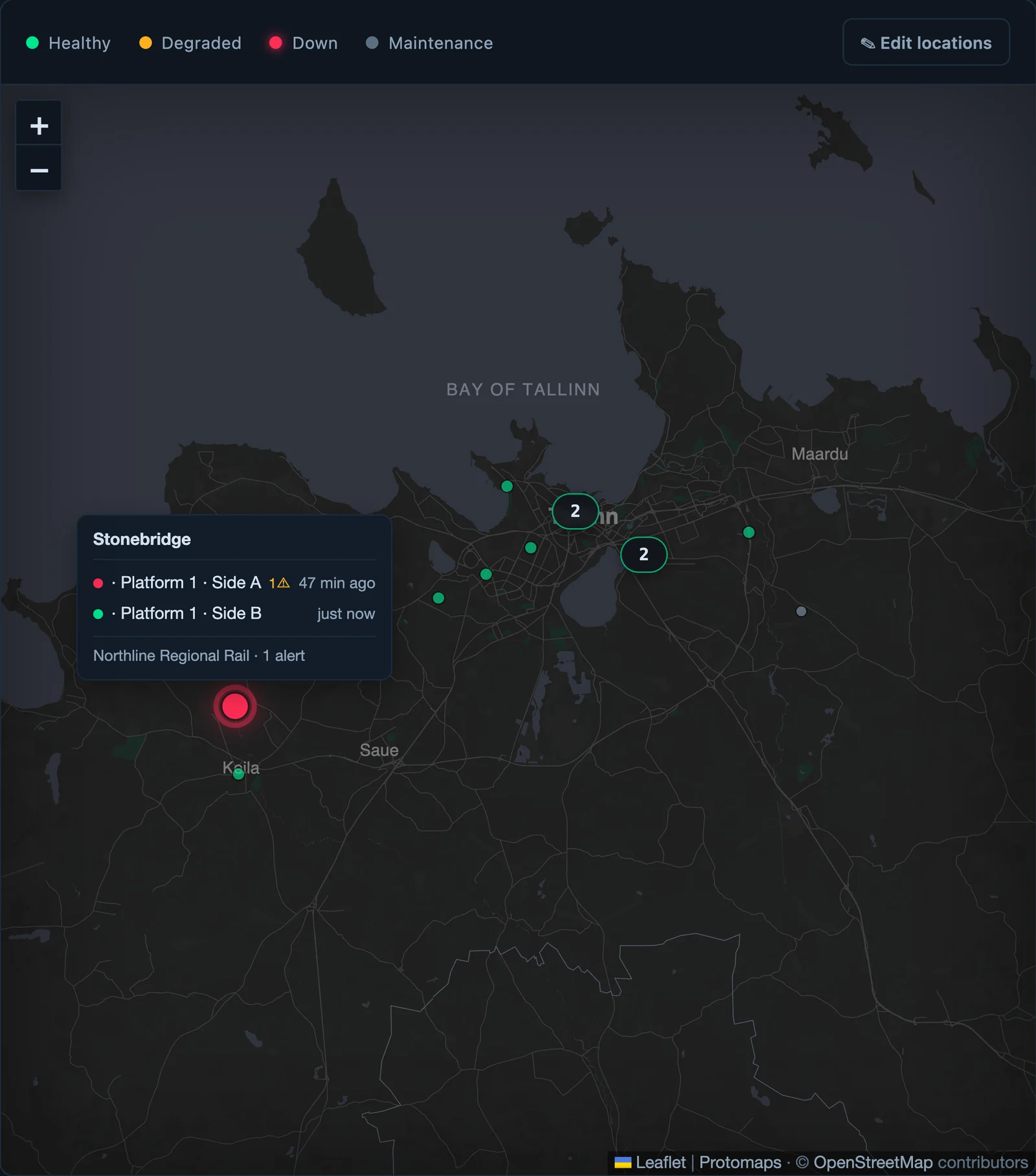 Every display on one map. Open a station to see each side's status.