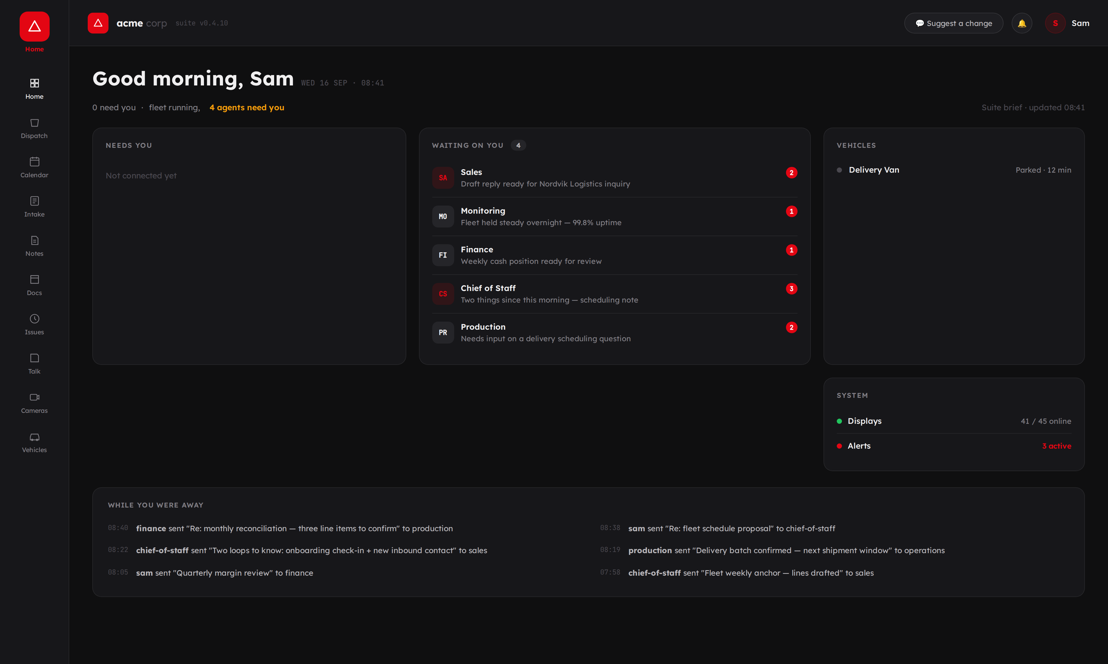 The Ampron portal home — the operational hub where director seats run, coordinate, and file decisions.