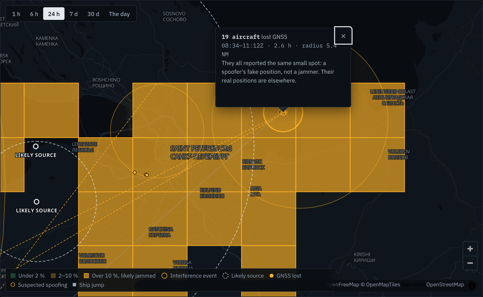 Spoofing: 19 aircraft reported the same spot east of St Petersburg