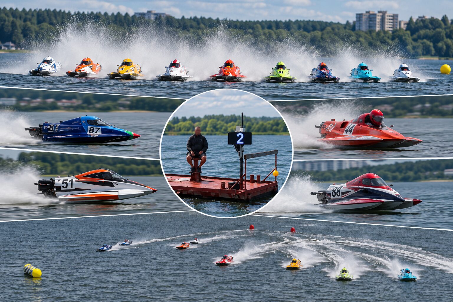 Composite of F500 powerboat racing: a full starting line of boats throwing spray across open water, individual numbered hulls at speed, and at the centre a circular inset of the Ampron LED starting-clock panel on its floating platform with the race official beside it