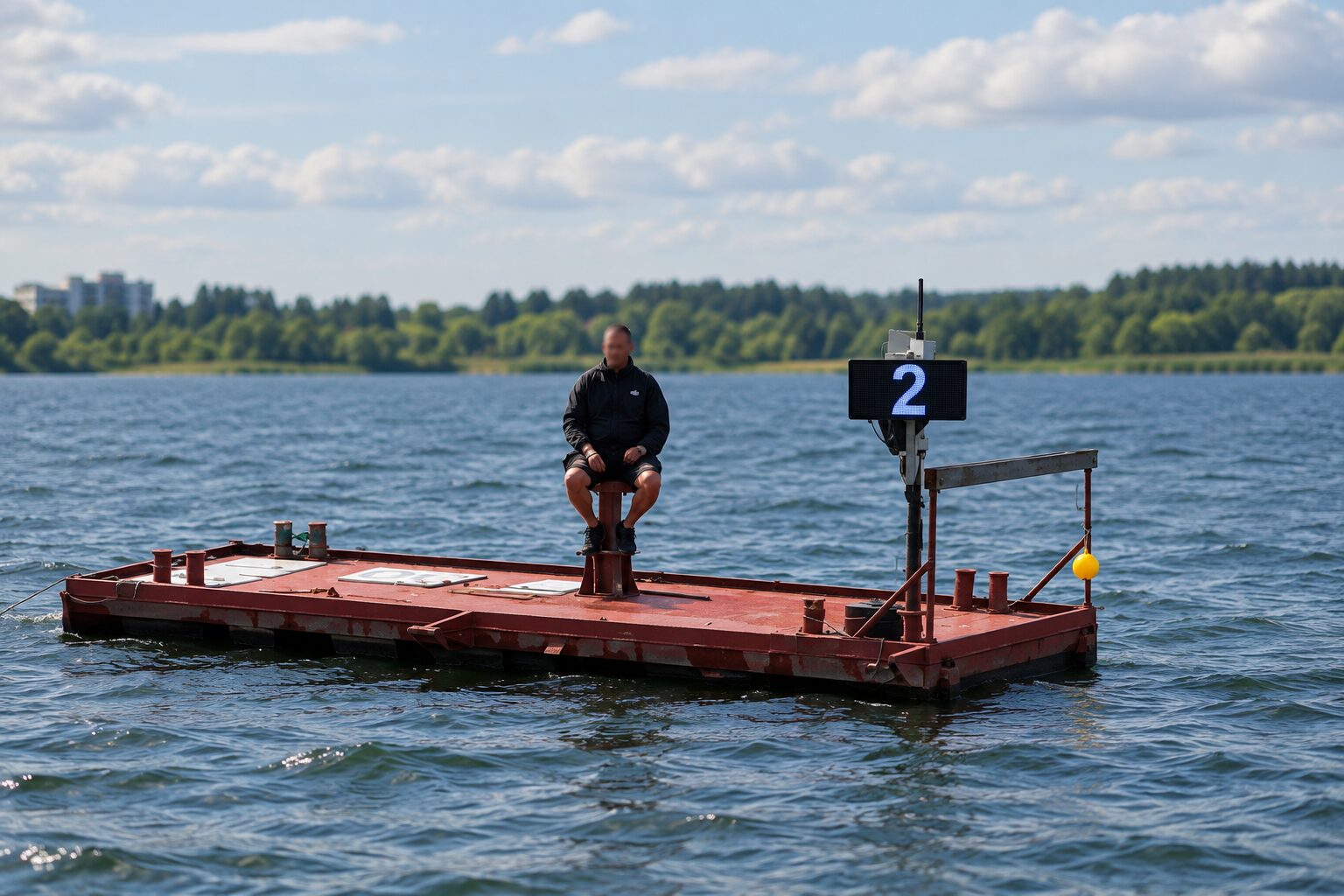An Ampron outdoor LED starting-clock panel showing a blue number 2 on its stainless mount, on a red floating platform in open water, with a race official seated beside it and a wooded shoreline on the horizon