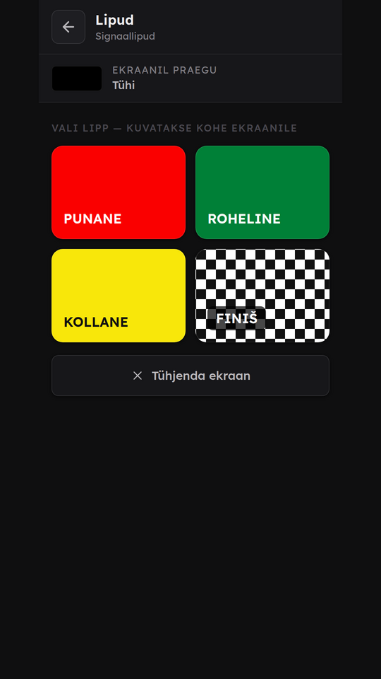 The operator web app signal-flag screen on a phone, with four large tap targets: red PUNANE, green ROHELINE, yellow KOLLANE and a checkered FINIŠ flag, above a button to clear the display