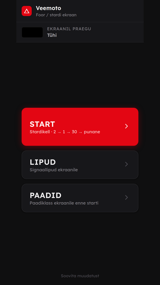 The operator web app home screen on a phone, dark interface headed Veemoto, with a large red START button labelled with the starting-clock sequence, and secondary buttons for LIPUD signal flags and PAADID boat classes