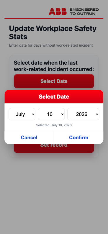 Date selection interface — pick month, day and year of last incident