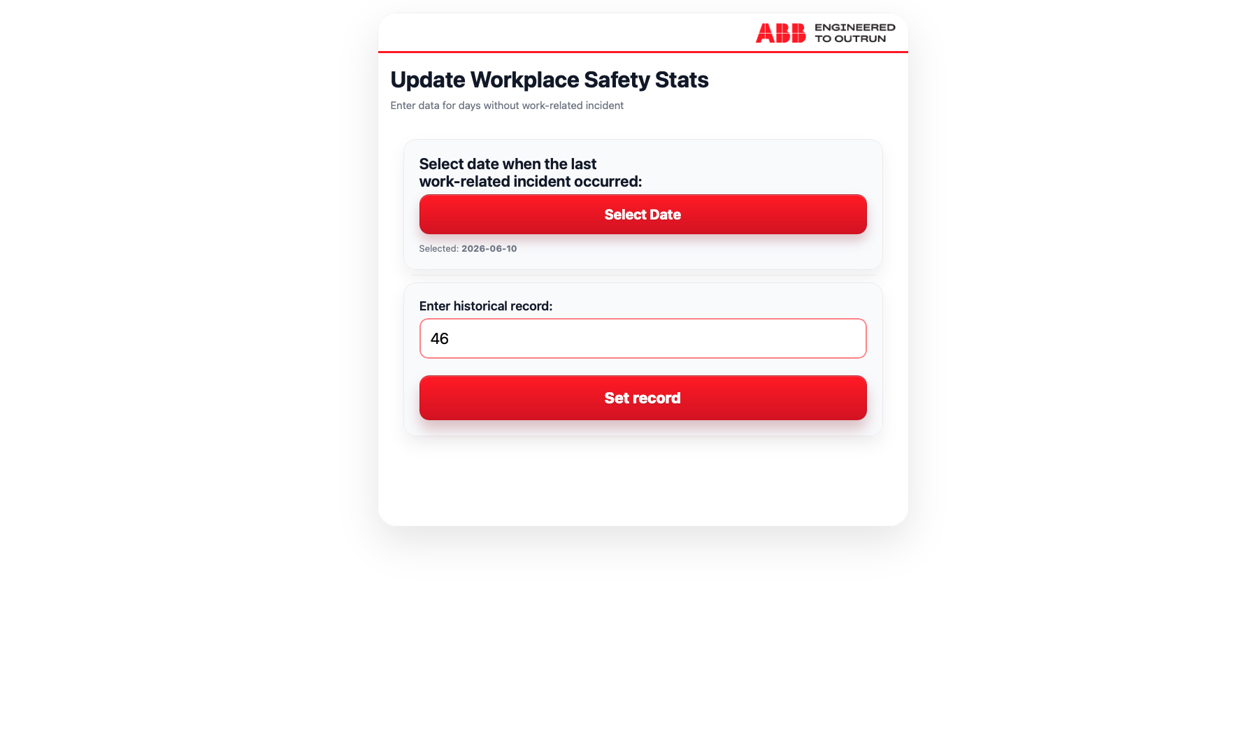 Workplace Safety Board web interface — desktop view showing date selection and historical record entry