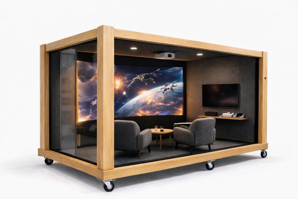 Modular Focus Pod Experience with large projection screen and lounge seating inside wooden mobile pod
