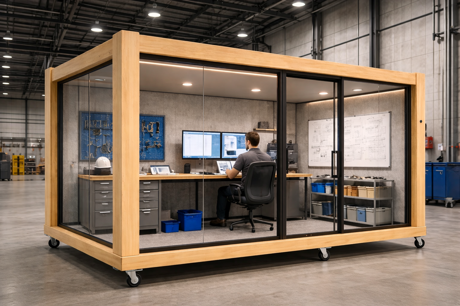 Glass office pod installed inside factory hall used by engineer workstation