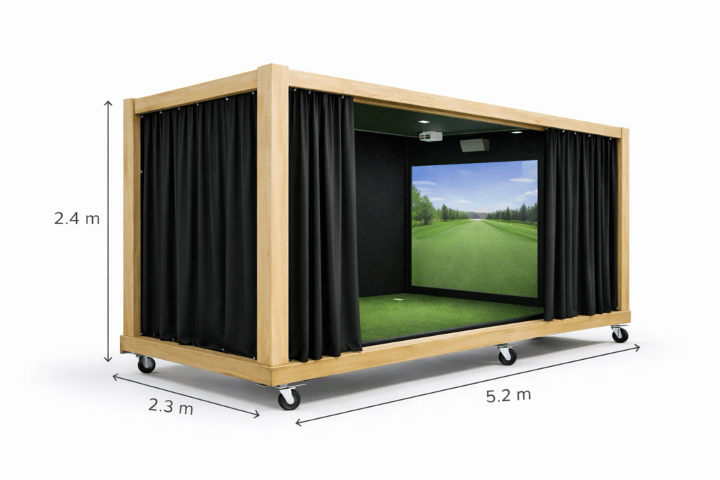 Modular golf simulator pod with projection screen inside wooden framed mobile room
