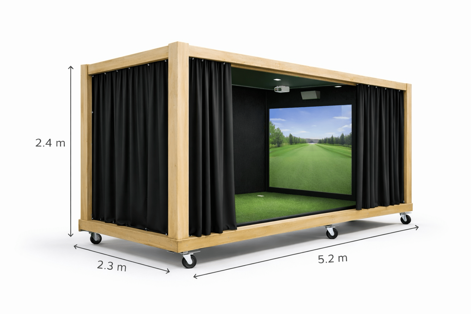Modular golf simulator pod with projection screen inside wooden framed mobile room