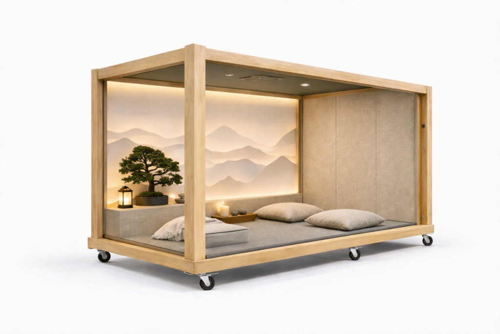 Quiet relaxation pod with cushions and soft lighting inside modular wooden room