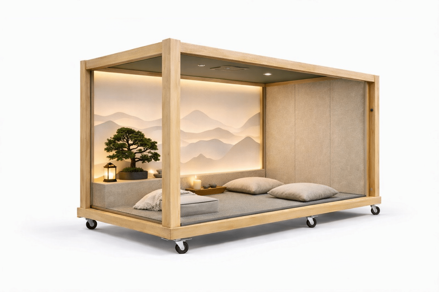 Quiet relaxation pod with cushions and soft lighting inside modular wooden room