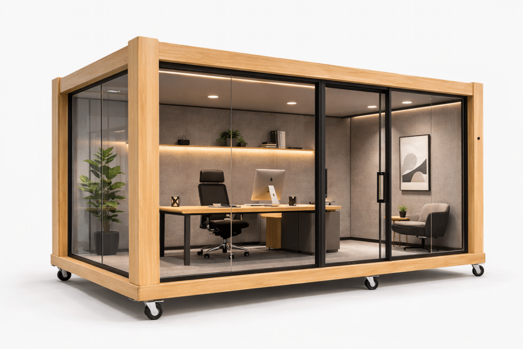 Glass meeting room pod with table and chairs inside modular mobile room