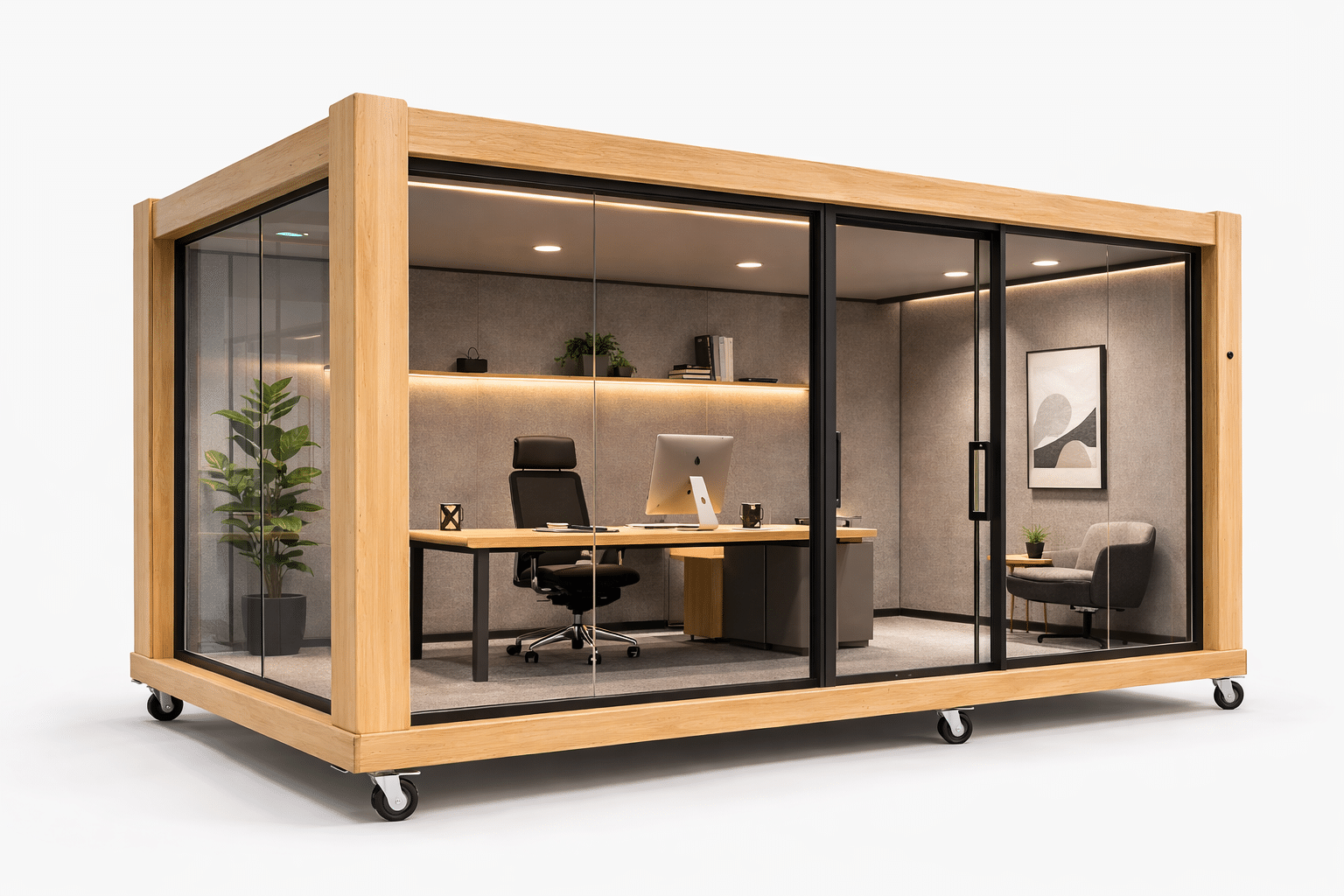Glass meeting room pod with table and chairs inside modular mobile room