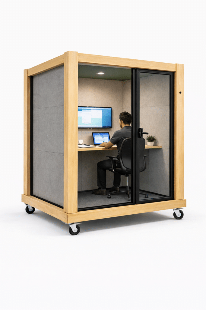 Large modular office pod with desk workstation and glass walls