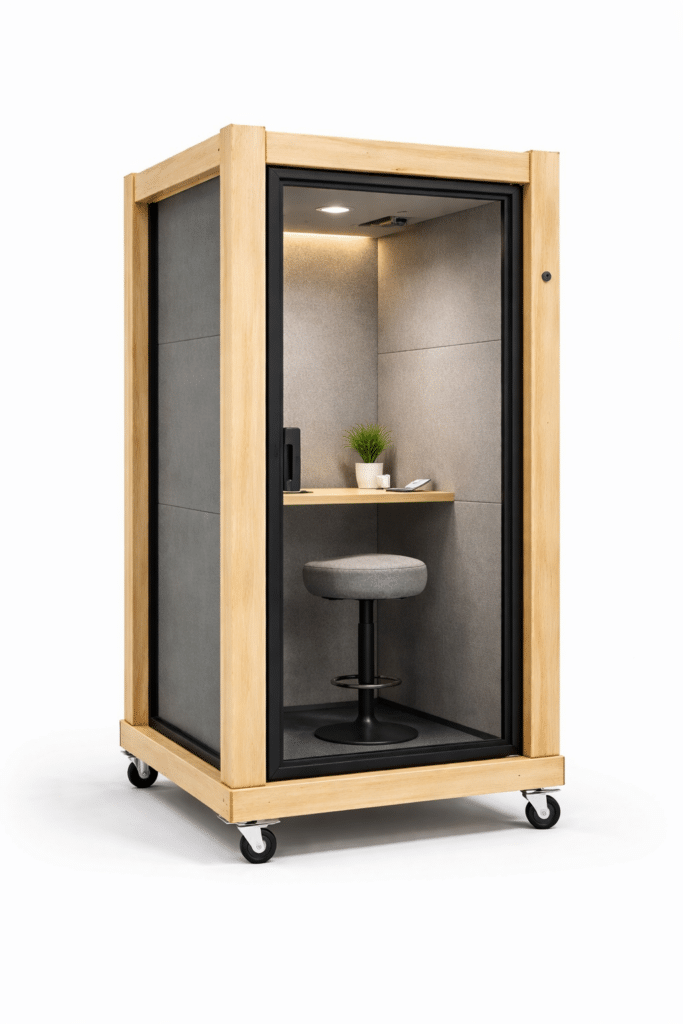 Small phone booth pod with stool and small desk inside wooden modular frame